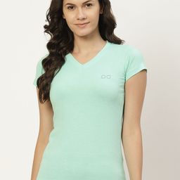 BROOWL Women Sea Green Pure Cotton Solid V-Neck Lounge T-shirt-image-29