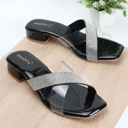 DressBerry Black Embellished Open Toe Block Heels-26