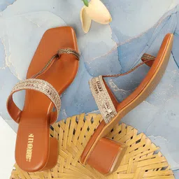 Anouk Tan Brown Embellished Open Toe Block Heels image 5