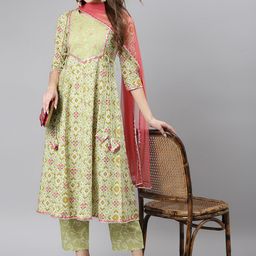 Khushal K Women Green & Pink Printed Pure Cotton Kurta with Palazzos & Dupatta-picture-48