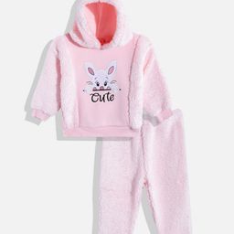 White Snow Girls Cat Face Applique Hooded Sweatshirt with Pyjamas-image-79