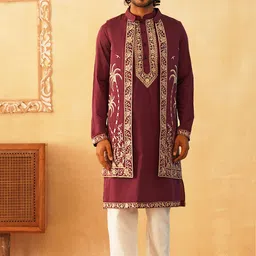 Jompers Men Ethnic Motifs Yoke Design Regular Thread Work Kurta with Pyjamas image 1