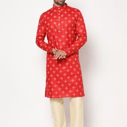 Peony Cotton Fab Men Red Ethnic Motifs Printed Kurta with Pyjamas-6
