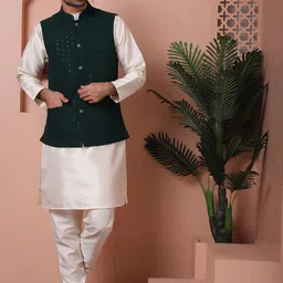 Anouk Olive Embroidered Regular Mandarin Collar Straight Kurta with Pyjamas &Nehru Jacket-30