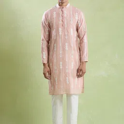 Arihant Rai Sinha Men Ethnic Motifs Embroidered Regular Thread Work Chanderi Cotton Kurta with Churidar-picture-11