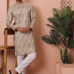 Anouk Beige Floral Printed Band Collar Straight Kurta with Pyjamas-picture-37