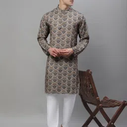 Anouk Brown & White Floral Printed Band Collar Pure Cotton Kurta With Pyjamas-42