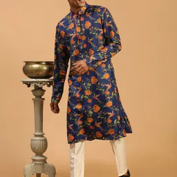 VASTRAMAY Men Navy Blue Floral Printed Kurta with Pyjamas-image-46