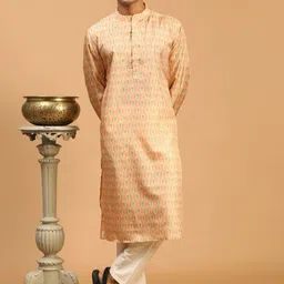 VASTRAMAY Men Peach-Coloured Ethnic Motifs Printed Kurta with Pyjamas-15