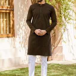 See Designs Men Striped Regular Thread Work Pure Cotton Kurta with Pyjamas-image-5