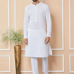 See Designs Striped Regular Thread Work Pure Cotton Kurta with Pyjamas-picture-12