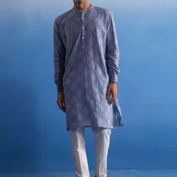 SHVAAS by VASTRAMAY Men Schiffli Embroidered Cotton Kurta With Pant Pyjama-picture-58