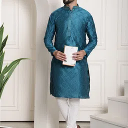 SOJANYA Ethnic Motif Woven Design Mandarin Collar Kurta With Pyjamas-picture-10