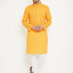 VASTRAMAY Men Yellow & White Cotton Blend Kurta with Pyjamas-picture-48