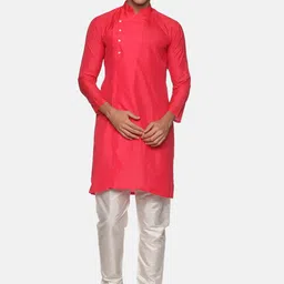 Sethukrishna Men Rose Pink Solid Angrakha Kurta with Pyjamas-image-44