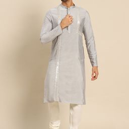 KISAH Men Grey Sequinned Kurta with Churidar Set-34