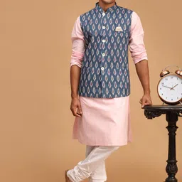 VASTRAMAY Ethnic Ikkat Printed Nehru Jacket with Kurta & Churidar Set-image-13