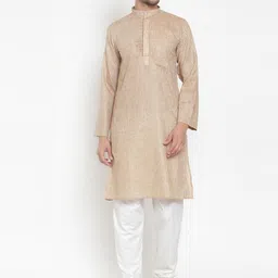 KLOTTHE Men Beige Striped Pleated Pure Cotton Kurta with Pyjamas-picture-14