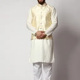 MAG Mandarin Collar Regular Kurta with Pyjamas & Woven Design Nehru Jacket-0