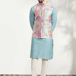 KISAH Mandarin Collar Straight Kurta & Pyjamas With Nehru jacket-image-80
