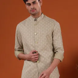 SHIWAM ETHNIX Geometric Printed Mandarin Collar Straight Kurta with Pyjamas With Jacket-picture-40
