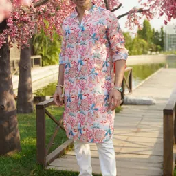 SHIWAM ETHNIX Mandarin Collar Floral Printed Straight Kurta with Pyjamas-image-87