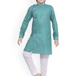Jeetethnics Boys Turquoise Blue & White Printed Angrakha Kurta with Pyjamas-52