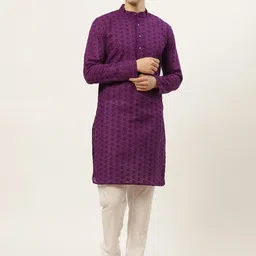 Jompers Men Purple & White Embroidered Pure Cotton Kurta with Churidar-image-56
