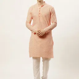 Jompers Men Orange & White Ethnic Motifs Embroidered Pure Cotton Kurta with Pyjamas-image-94