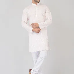 DEYANN Men White Embroidered Pure Cotton Kurta with Pyjamas-picture-8