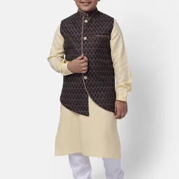 NAMASKAR Boys Cream-Coloured & Brown Regular Pure Cotton Kurta with Churidar & Jacket-picture-13