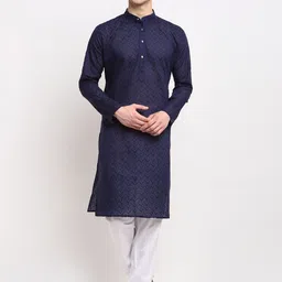Jompers Men Navy Blue Embroidered Regular Pure Cotton Kurta with Churidar-image-85