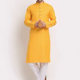 KRAFT INDIA Men Mustard Yellow Striped Regular Pure Cotton Kurta with Pyjamas-picture-54
