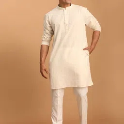 VASTRAMAY Band Collar Long Sleeves Straight Pure Cotton Kurta with Pyjama-picture-29