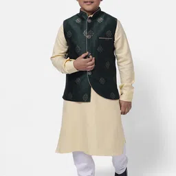 NAMASKAR Boys Cream-Coloured & White Regular Pure Cotton Kurta With Pyjamas & Nehru Jacket-2