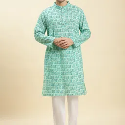 Stuffie Land Geometric Printed Mandarin Collar Regular Pure Cotton Kurta with Pyjamas-picture-12