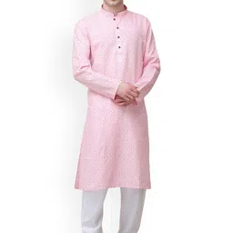 Exotic India Floral Printed Mandarin Collar Regular Pure Cotton Kurta with Pyjamas-picture-10