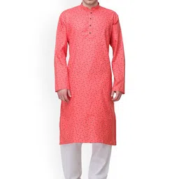 Exotic India Mandarin Collar Floral Printed Regular Pure Cotton Kurta with Pyjamas-picture-20