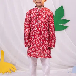 VASTRAMAY Boys Floral Printed Regular Pure Cotton Kurta with Pyjamas-17