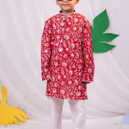 VASTRAMAY Boys Floral Printed Regular Pure Cotton Kurta with Pyjamas-16