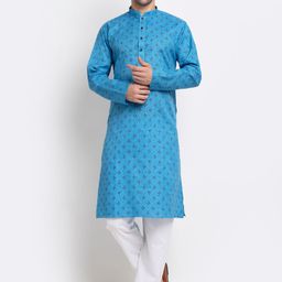KRAFT INDIA Men Blue Ethnic Motifs Regular Pure Cotton Kurta with Pyjamas-picture-30