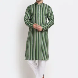 KRAFT INDIA Men Green Striped Regular Pure Cotton Kurta with Pyjamas-picture-45