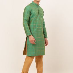 Jompers Men Green Embroidered Thread Work Silk Kurta with Cotton Pyjamas-picture-26