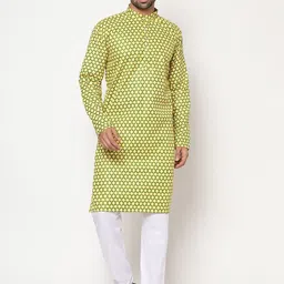 KAVYA SAREES Men Yellow & White Ethnic Motifs Printed Linen Kurta with Pyjamas-picture-15