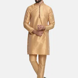 TAHVO Men Gold-Toned Dupion Silk Kurta with Pyjamas-picture-39