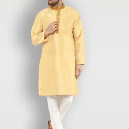 Enciger Men Beige Thread Work Dupion Silk Kurta with Pyjamas-image-74