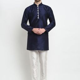 Benstoke Men Navy Blue Pleated Dupion Silk Kurta with Pyjamas-picture-4