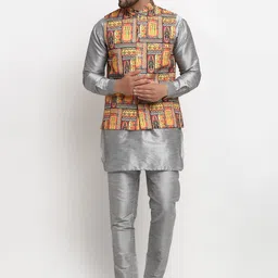 Benstoke Men Grey Printed Dupion Silk Kurti with Pyjamas and Nehru Jacket image 1