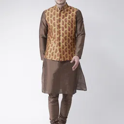 DEYANN Men Brown Ethnic Motifs Dupion Silk Kurta with Churidar & Nehru Jacket-image-38