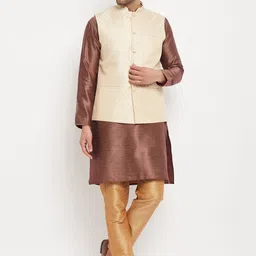 VASTRAMAY Ethnic Motifs Woven Design Jacquard Kurta with Pyjamas & Nehru Jacket-image-29